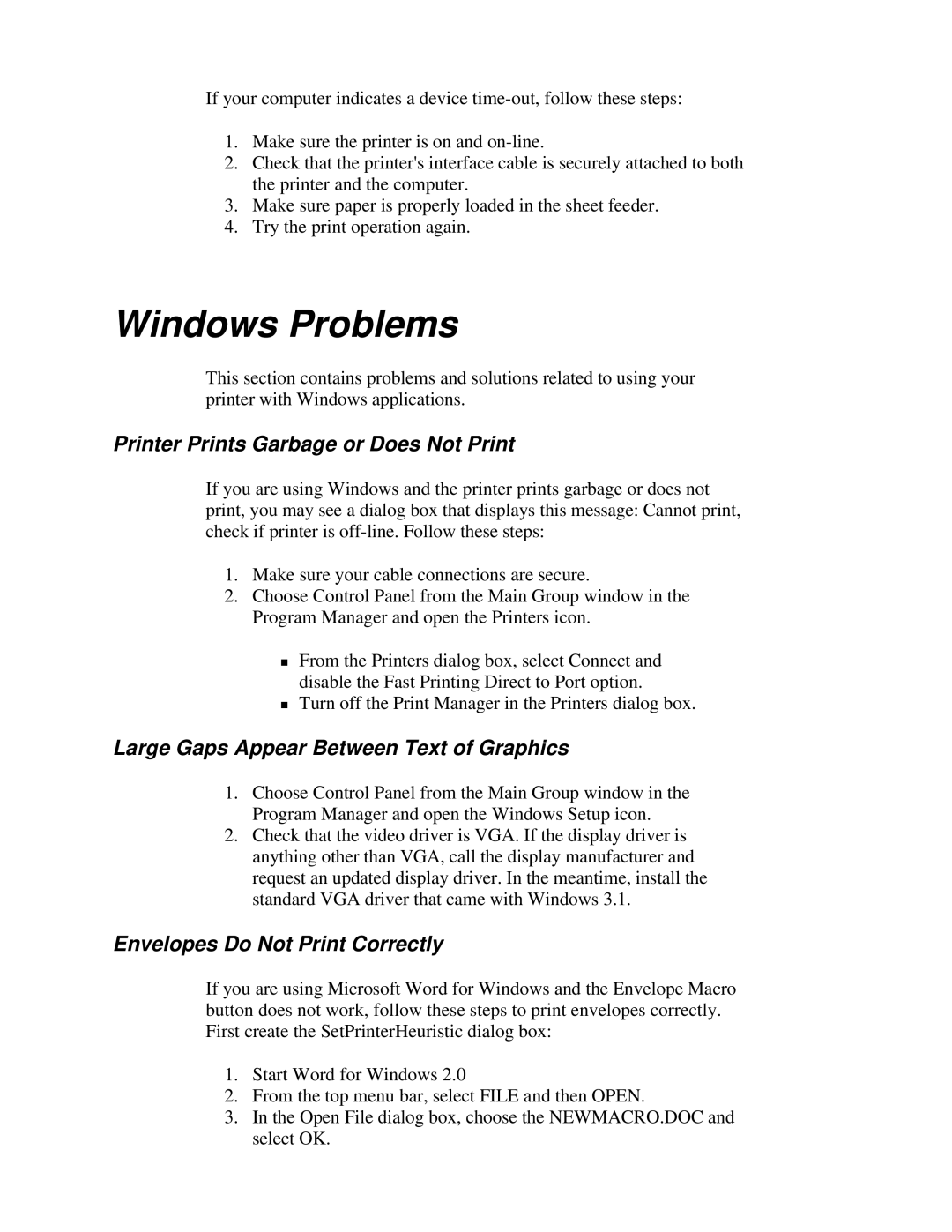 Canon BJ-230 user manual Printer Prints Garbage or Does Not Print, Large Gaps Appear Between Text of Graphics 