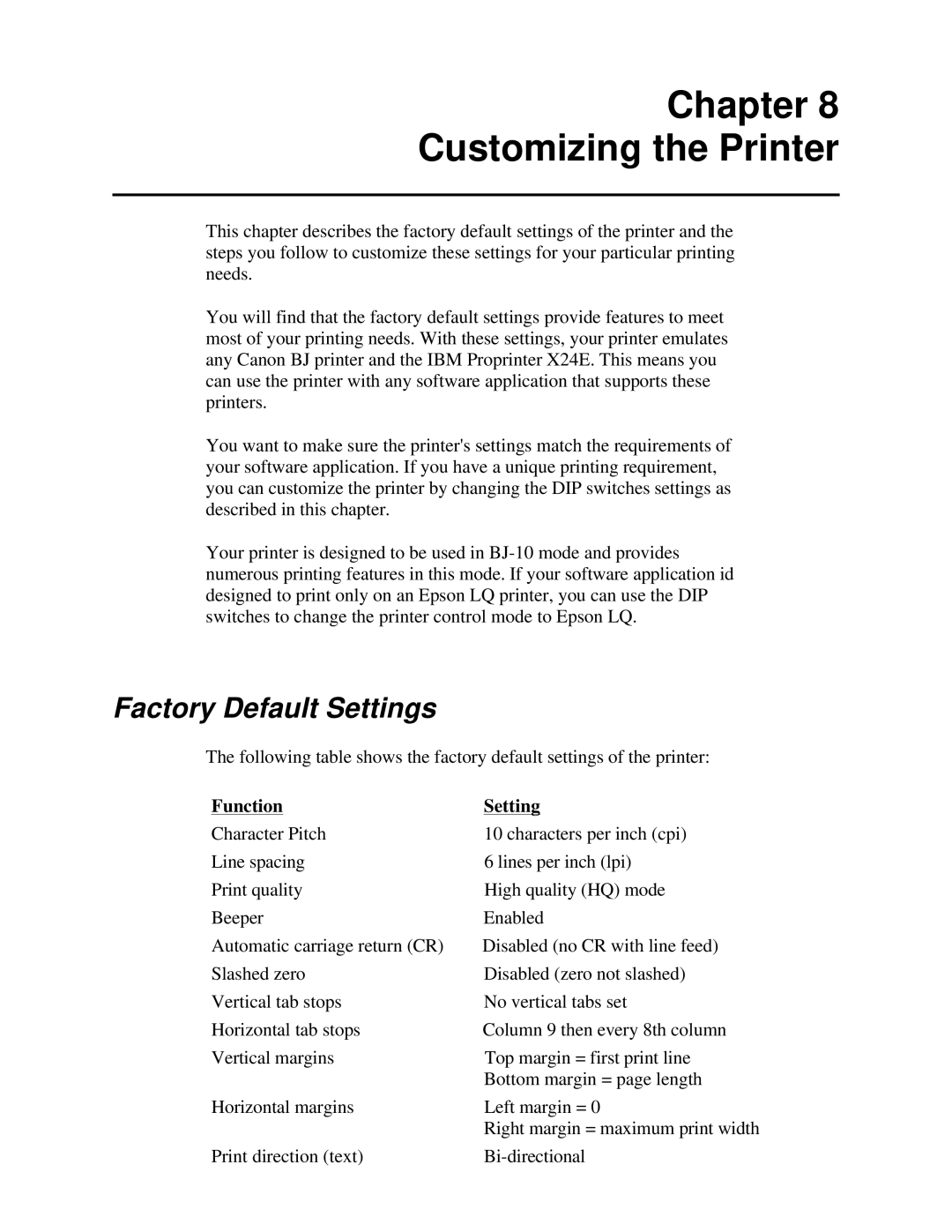 Canon BJ-230 user manual Chapter Customizing the Printer, Factory Default Settings, Function Setting 