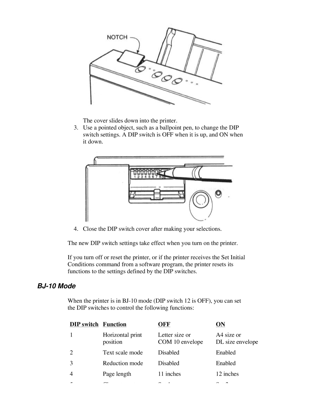 Canon BJ-230 user manual BJ-10 Mode, DIP switch Function 