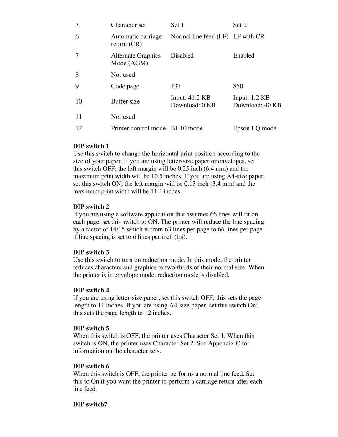 Canon BJ-230 user manual DIP switch7 