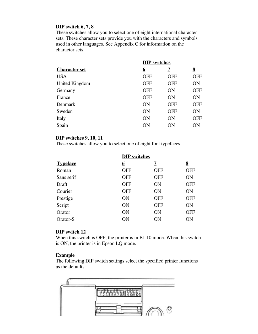 Canon BJ-230 user manual DIP switch 6, 7, DIP switches Character set, DIP switches 9, 10, DIP switches Typeface 