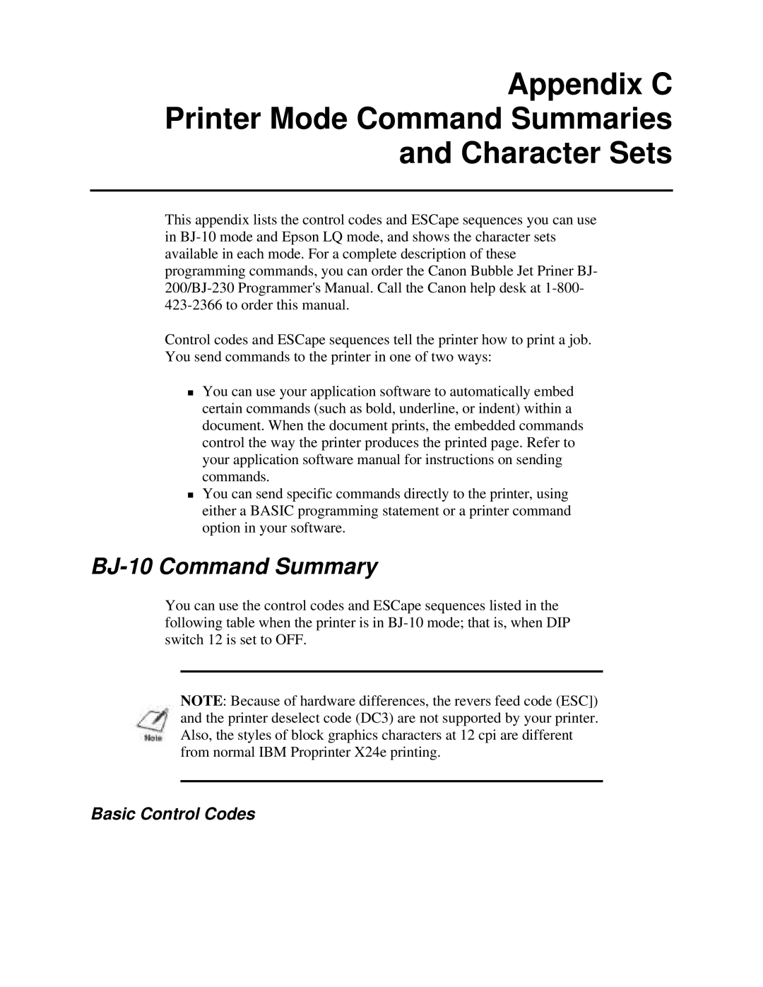 Canon BJ-230 Appendix C Printer Mode Command Summaries Character Sets, BJ-10 Command Summary, Basic Control Codes 