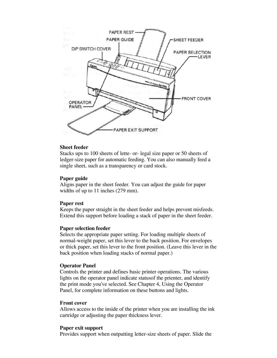 Canon BJ-230 user manual Sheet feeder, Paper guide, Paper rest, Paper selection feeder, Operator Panel, Front cover 