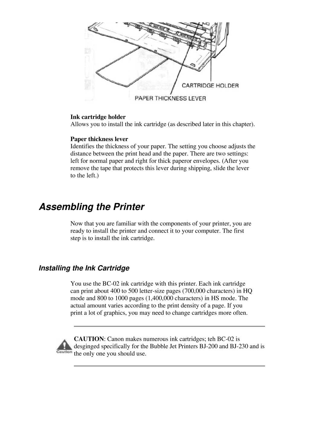 Canon BJ-230 user manual Assembling the Printer, Installing the Ink Cartridge, Ink cartridge holder, Paper thickness lever 