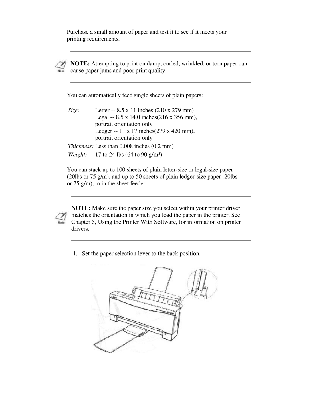 Canon BJ-230 user manual You can automatically feed single sheets of plain papers, Thickness Less than 0.008 inches 0.2 mm 