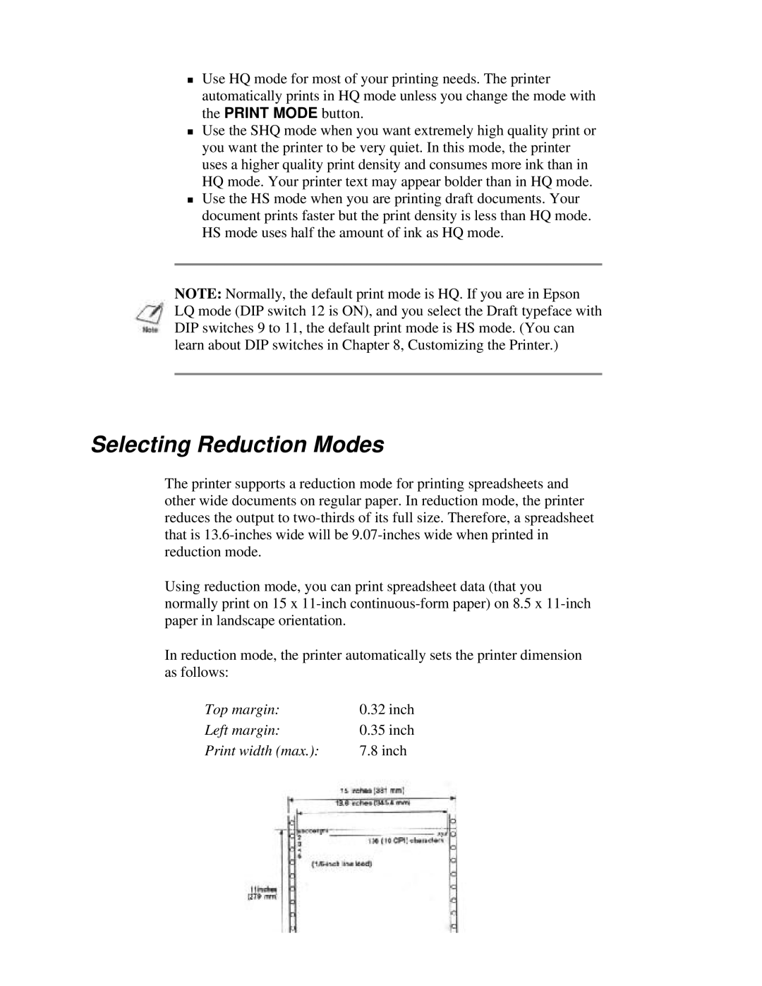 Canon BJ-230 user manual Selecting Reduction Modes, Top margin, inch, Left margin, Print width max 