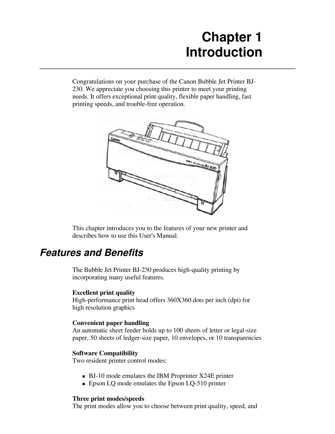Canon BJ-230 user manual Chapter Introduction, Features and Benefits, Excellent print quality, Convenient paper handling 