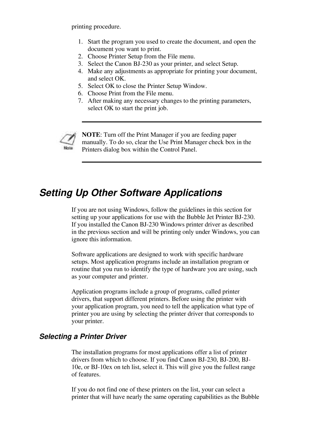 Canon BJ-230 user manual Setting Up Other Software Applications, Selecting a Printer Driver 