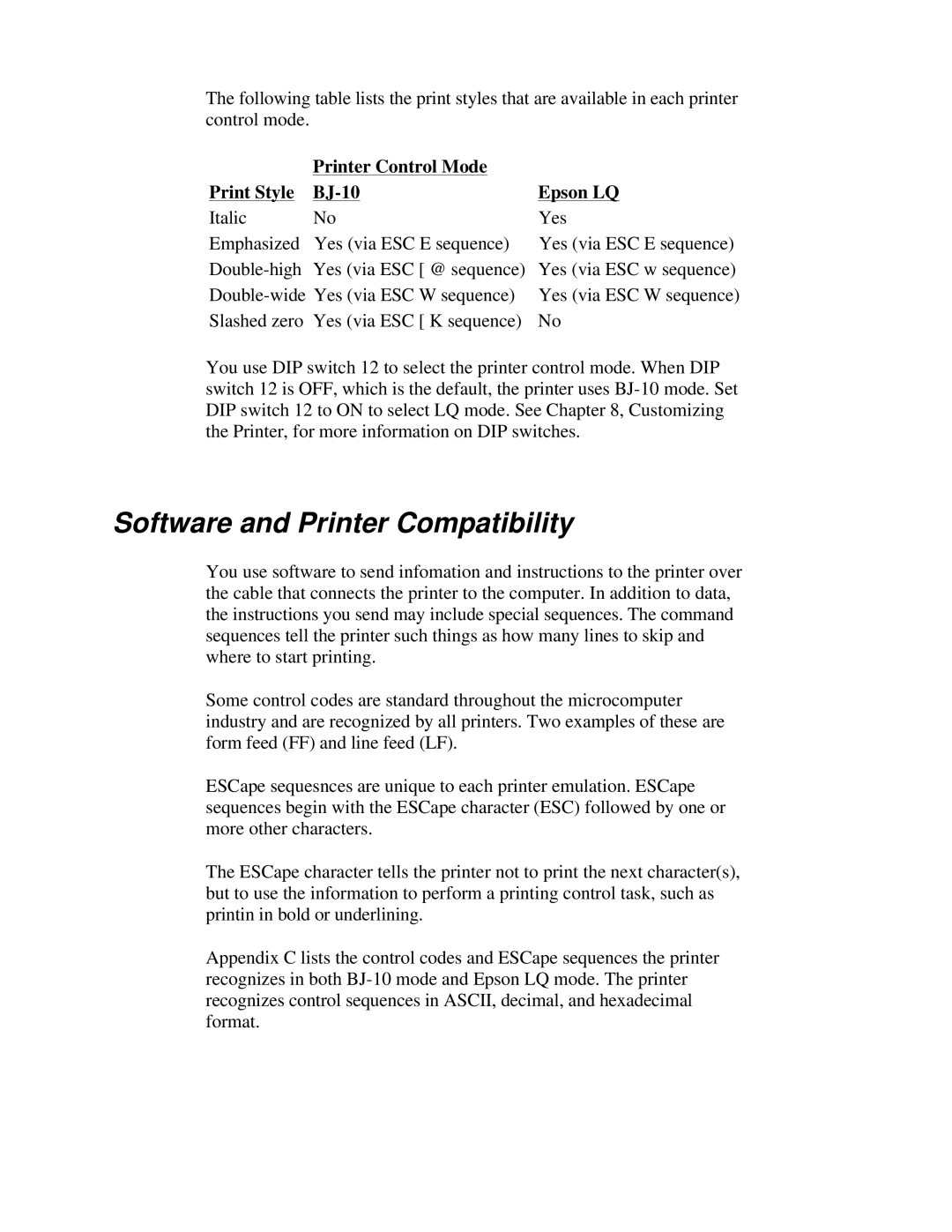 Canon BJ-230 user manual Software and Printer Compatibility, Print Style, Printer Control Mode, BJ-10, Epson LQ 