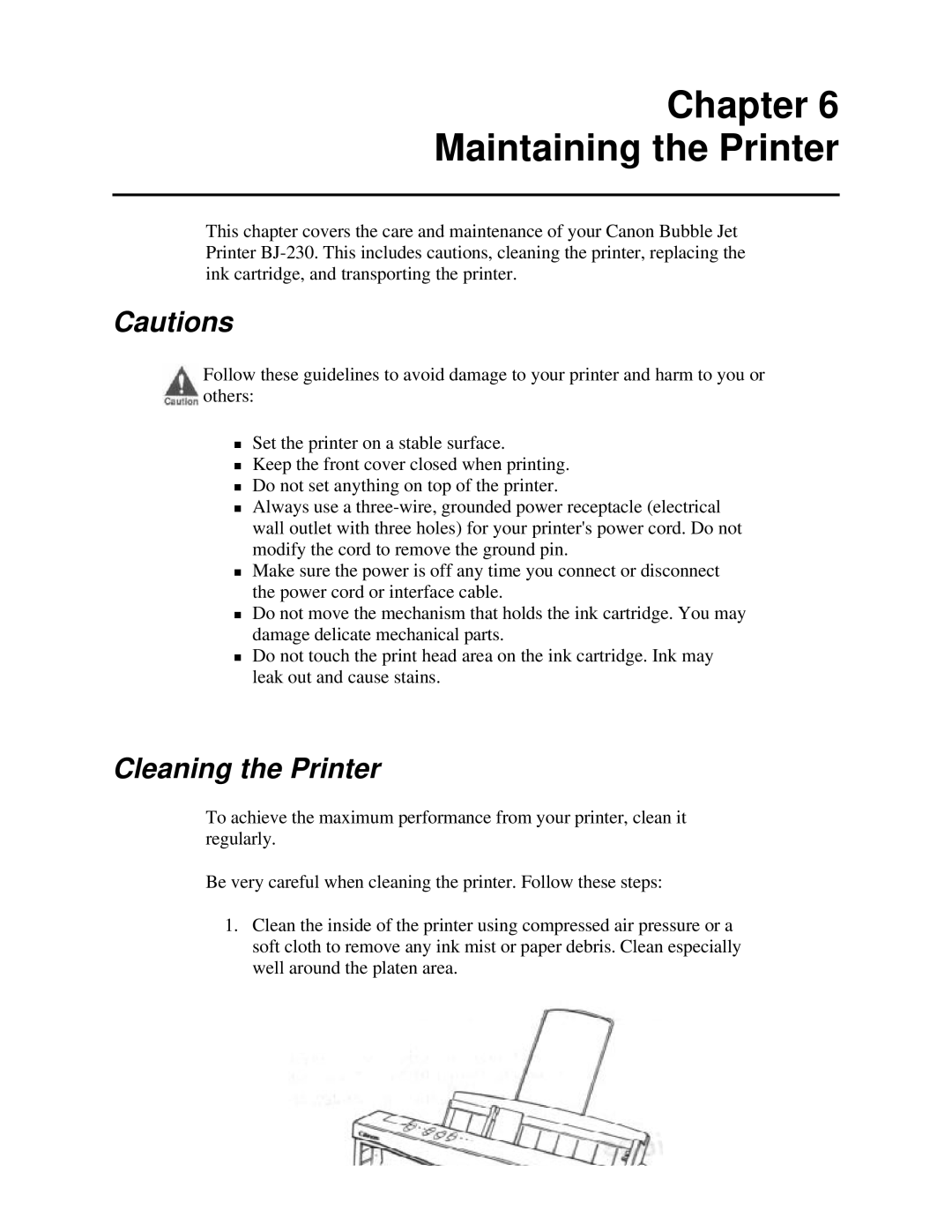 Canon BJ-230 user manual Chapter Maintaining the Printer, Cautions, Cleaning the Printer 