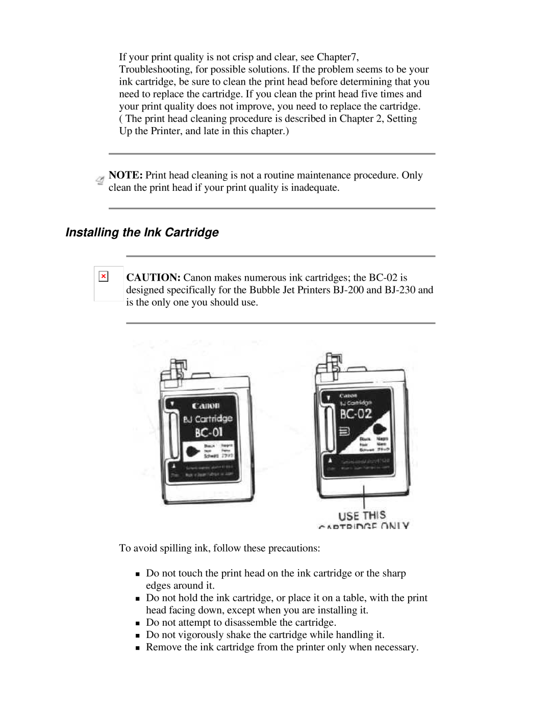 Canon BJ-230 user manual Installing the Ink Cartridge 