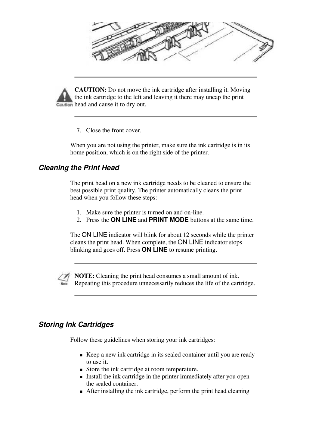 Canon BJ-230 user manual Cleaning the Print Head, Storing Ink Cartridges 