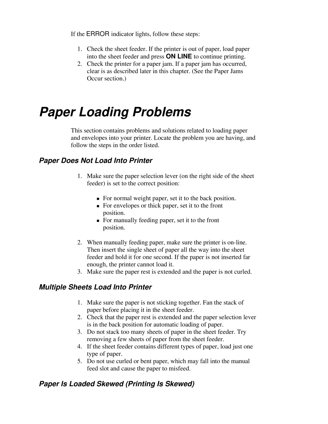 Canon BJ-230 user manual Paper Loading Problems, Paper Does Not Load Into Printer, Multiple Sheets Load Into Printer 