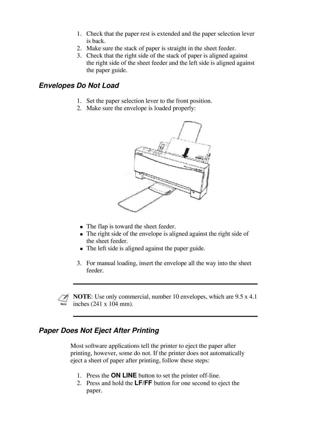 Canon BJ-230 user manual Envelopes Do Not Load, Paper Does Not Eject After Printing 