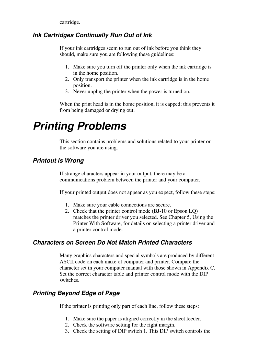 Canon BJ-230 Printing Problems, Ink Cartridges Continually Run Out of Ink, Printout is Wrong, Printing Beyond Edge of Page 