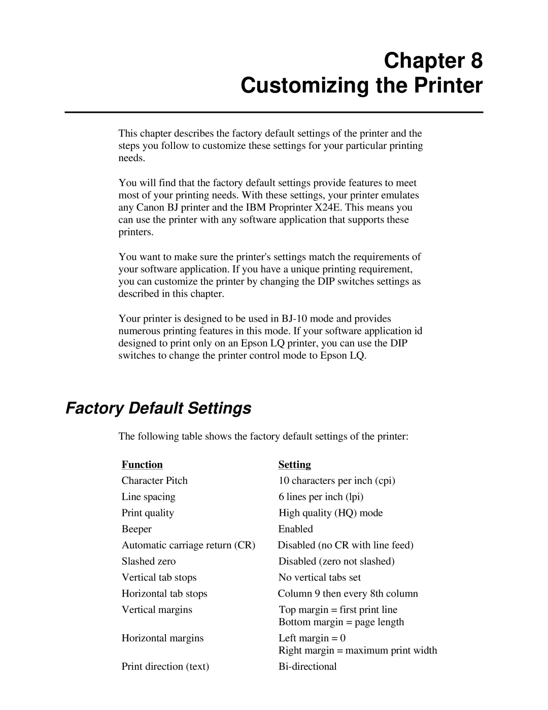 Canon BJ-230 user manual Chapter Customizing the Printer, Factory Default Settings, Function 