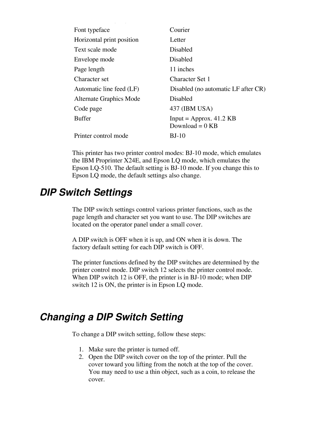 Canon BJ-230 user manual DIP Switch Settings, Changing a DIP Switch Setting 