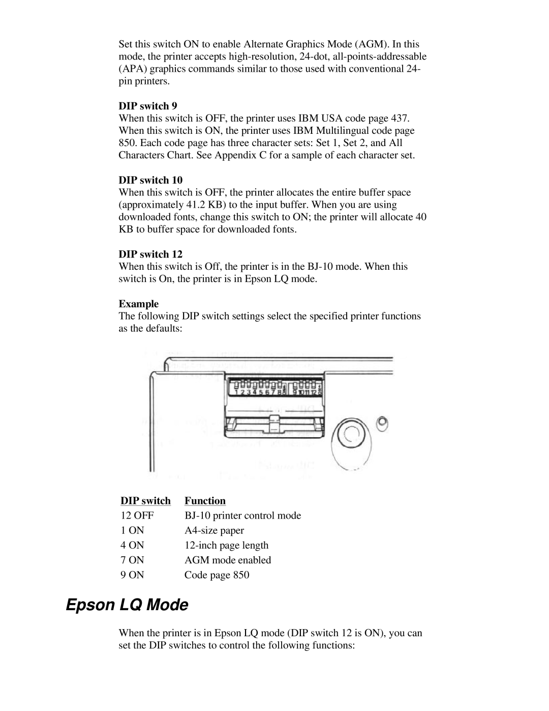 Canon BJ-230 user manual Epson LQ Mode, Example, DIP switch, Function 