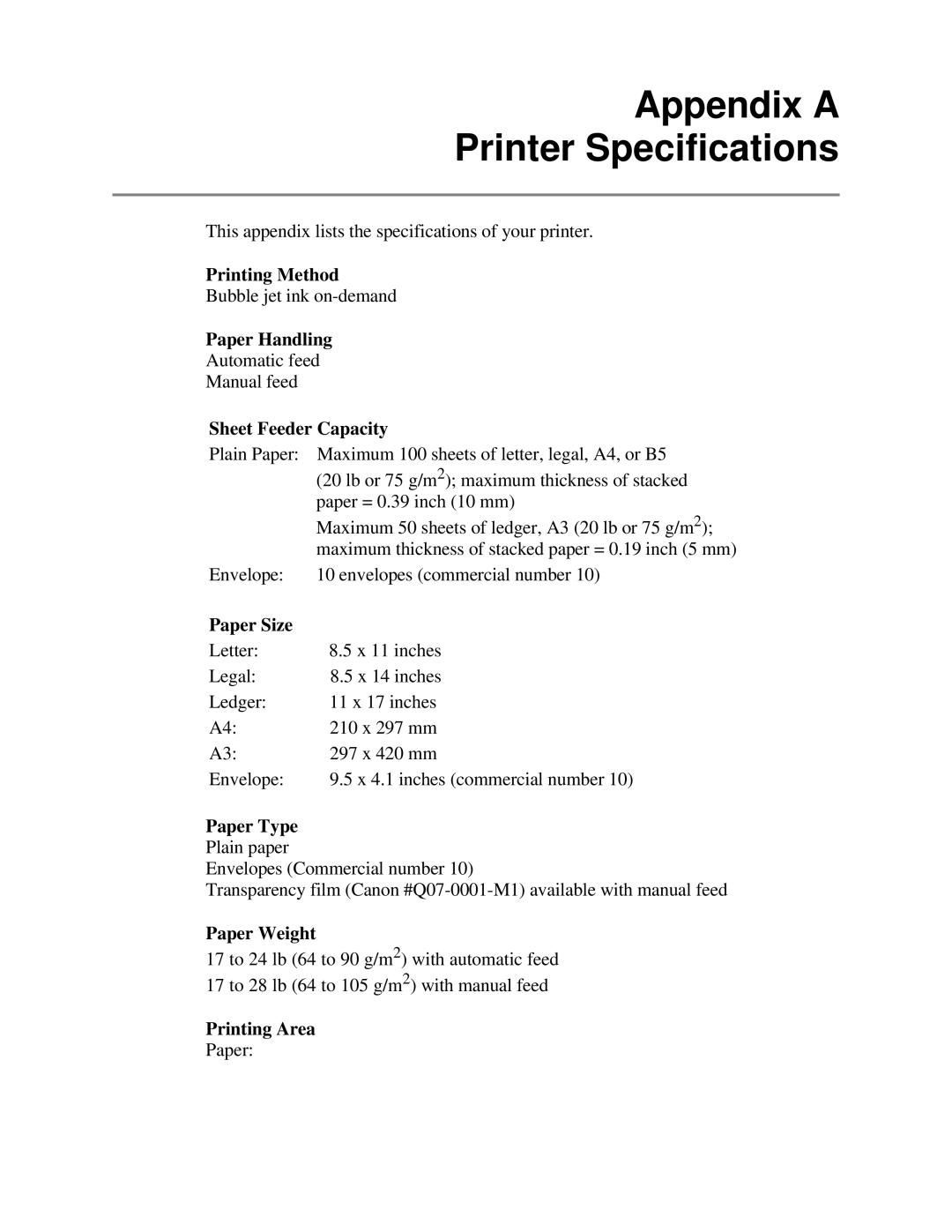 Canon BJ-230 Appendix A Printer Specifications, Printing Method, Paper Handling, Sheet Feeder Capacity, Paper Size 