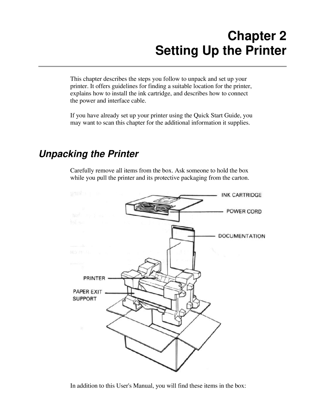 Canon BJ-230 user manual Chapter Setting Up the Printer, Unpacking the Printer 