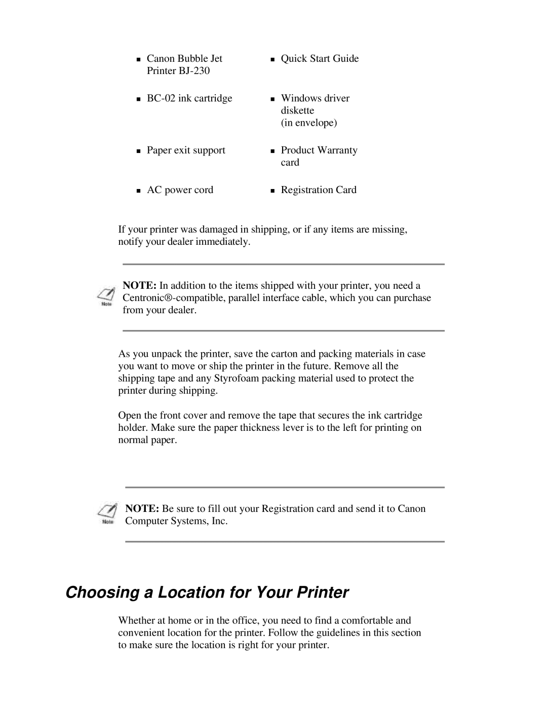 Canon BJ-230 user manual Choosing a Location for Your Printer 