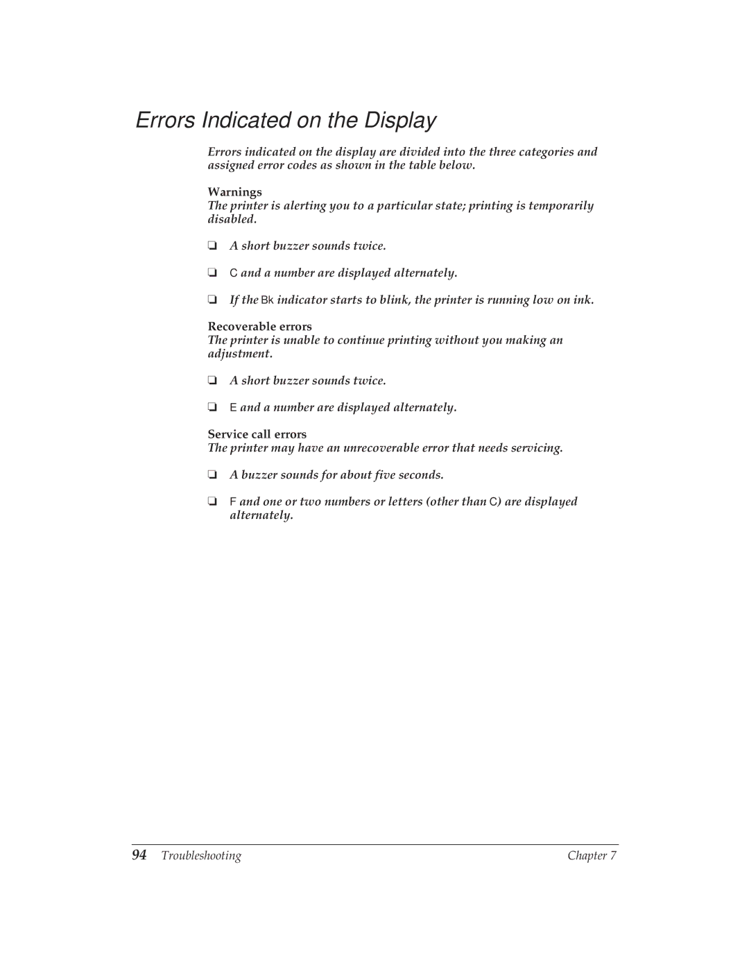 Canon BJ-30 manual Errors Indicated on the Display, Recoverable errors, Service call errors 