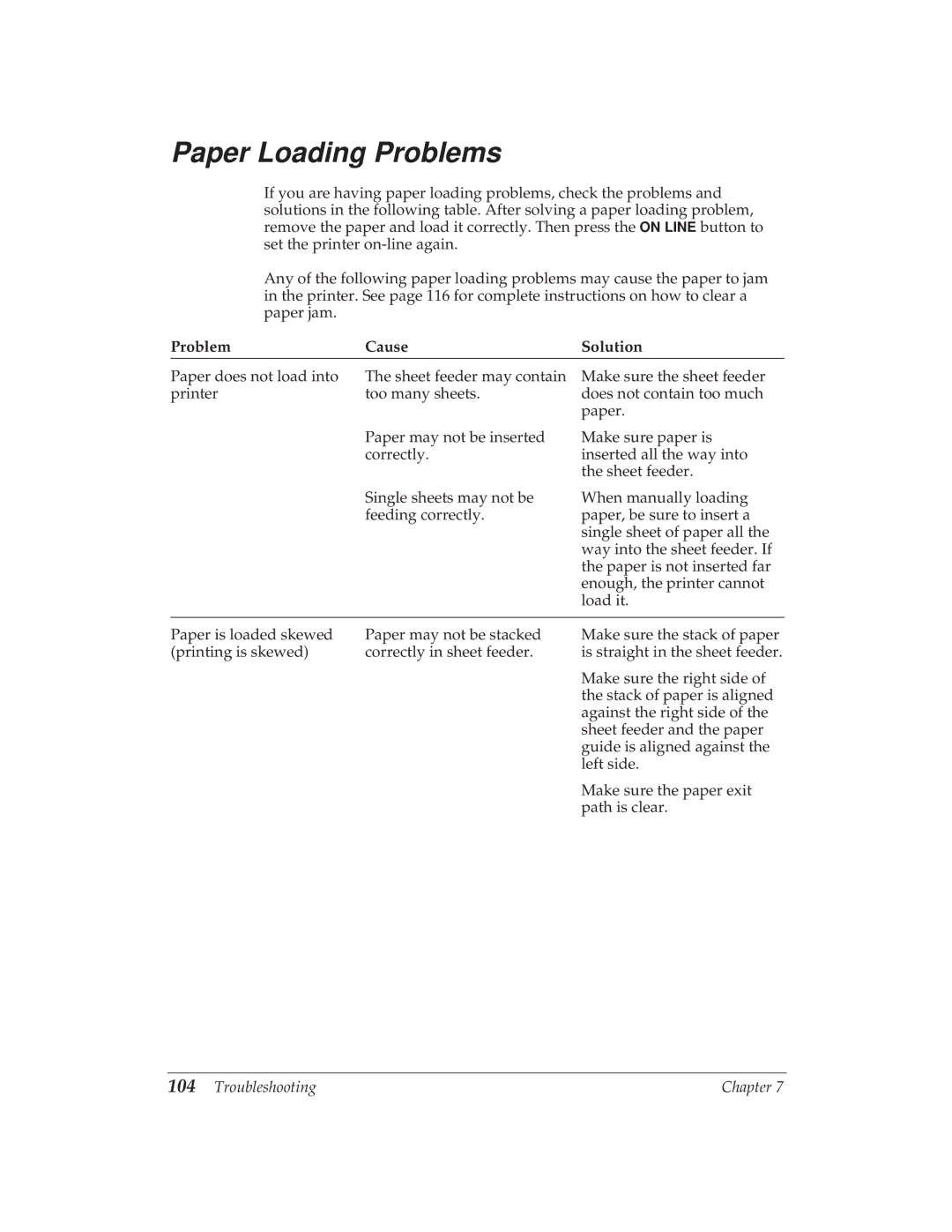 Canon BJ-30 manual Paper Loading Problems 