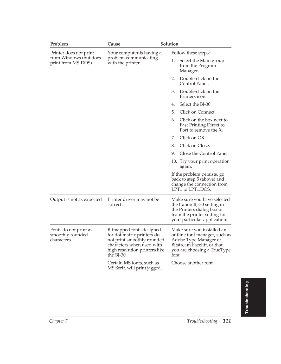 Canon BJ-30 manual Problem Cause Solution 