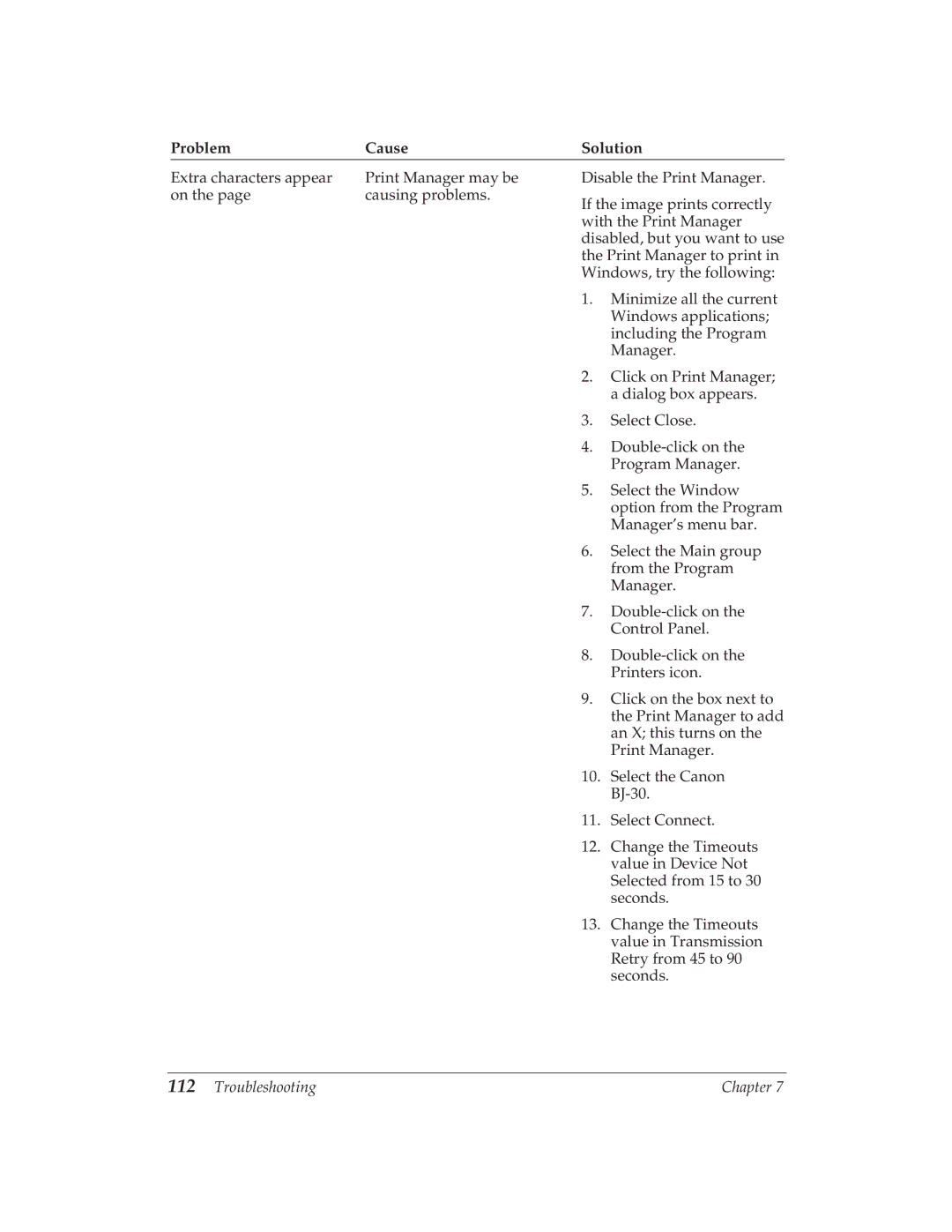 Canon BJ-30 manual Problem Cause Solution 