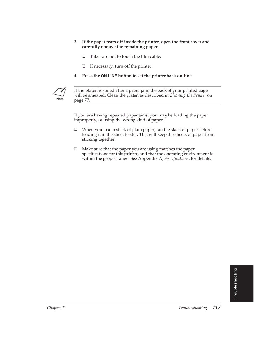 Canon BJ-30 manual Press the on Line button to set the printer back on-line 