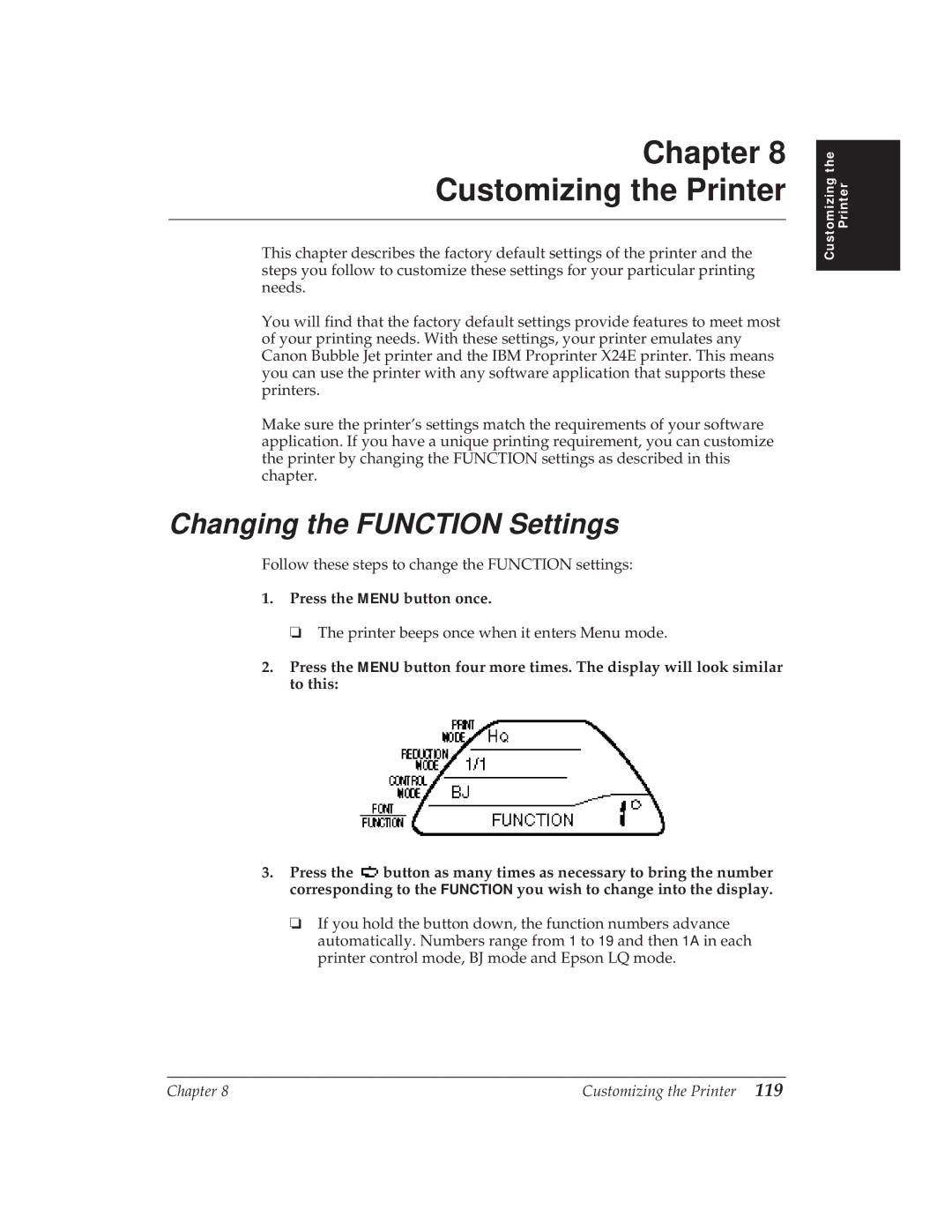 Canon BJ-30 manual Chapter Customizing the Printer, Changing the Function Settings 