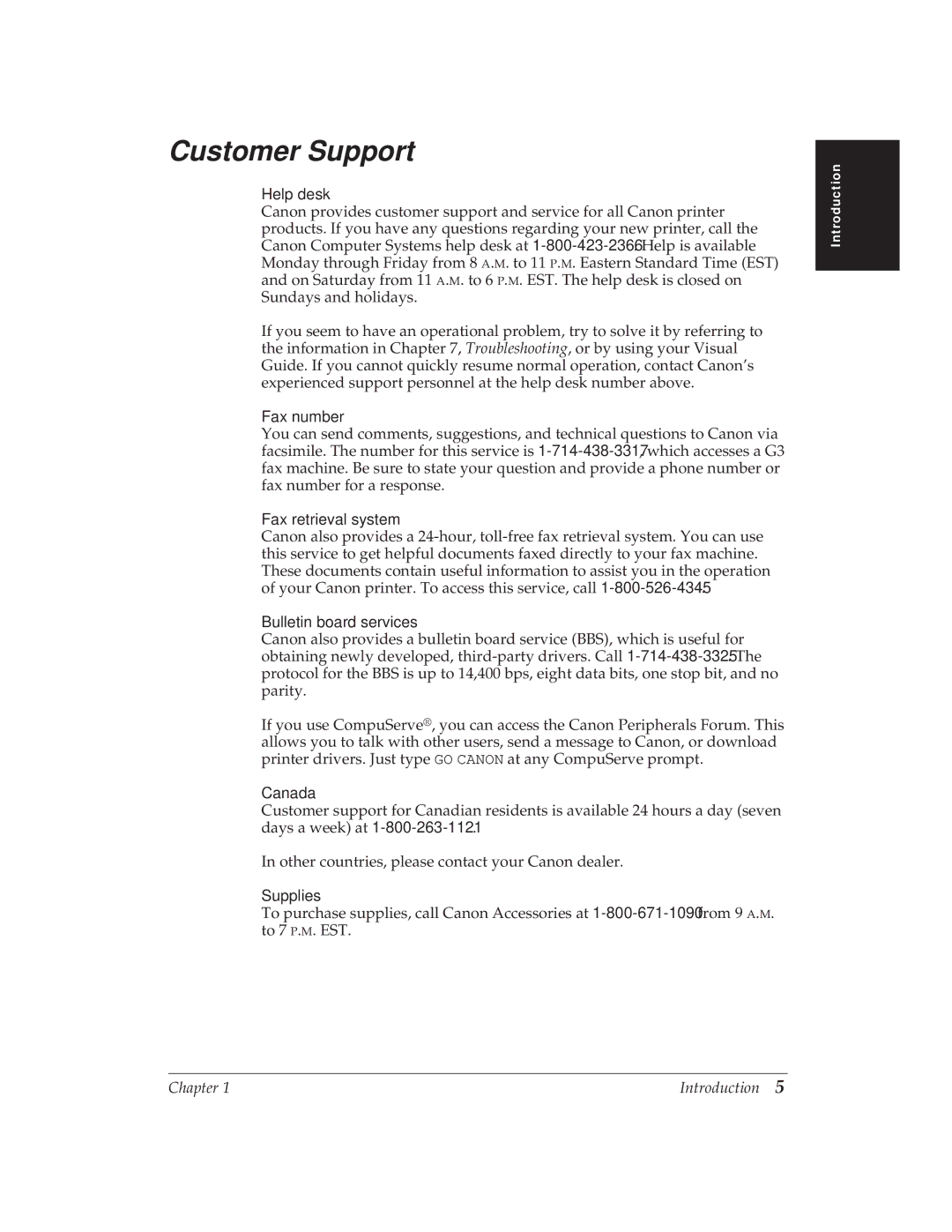 Canon BJ-30 manual Customer Support 