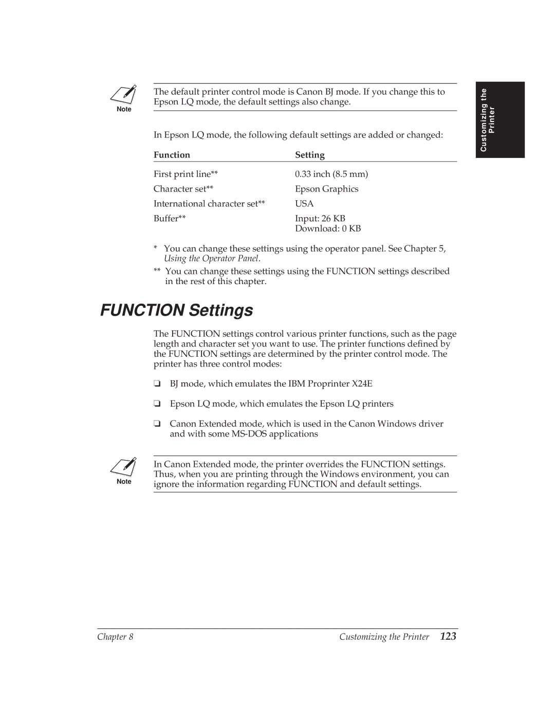 Canon BJ-30 manual Function Settings, Usa 