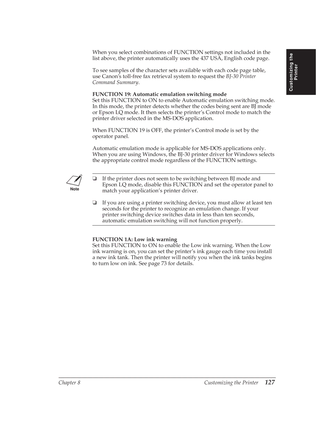 Canon BJ-30 manual Function 19 Automatic emulation switching mode, Function 1A Low ink warning 