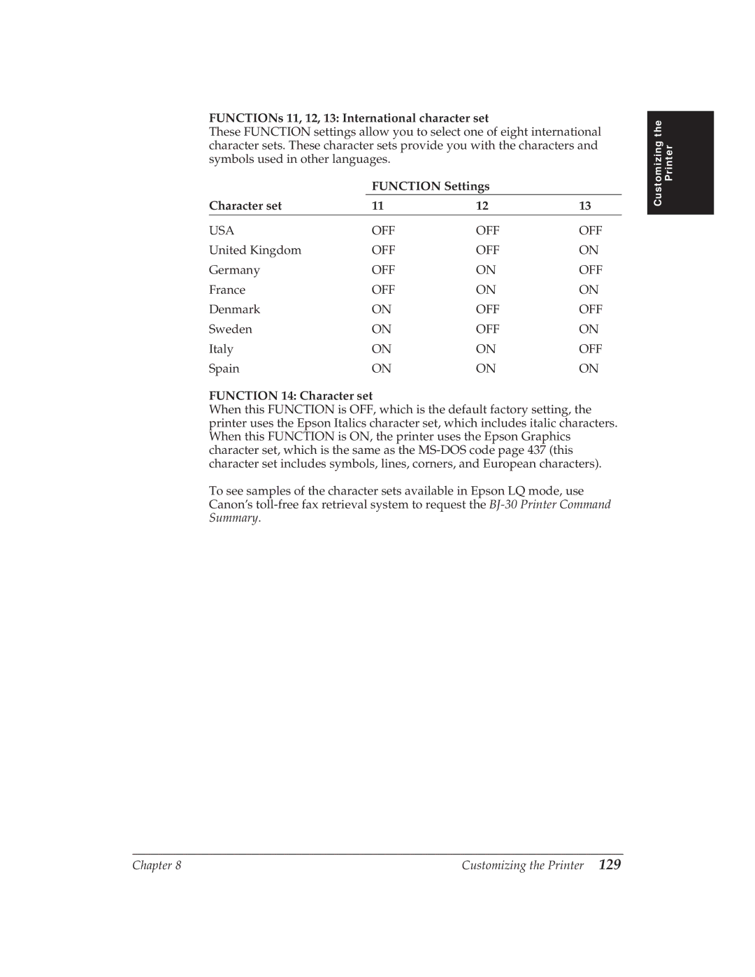Canon BJ-30 manual FUNCTIONs 11, 12, 13 International character set, Function Settings Character set 