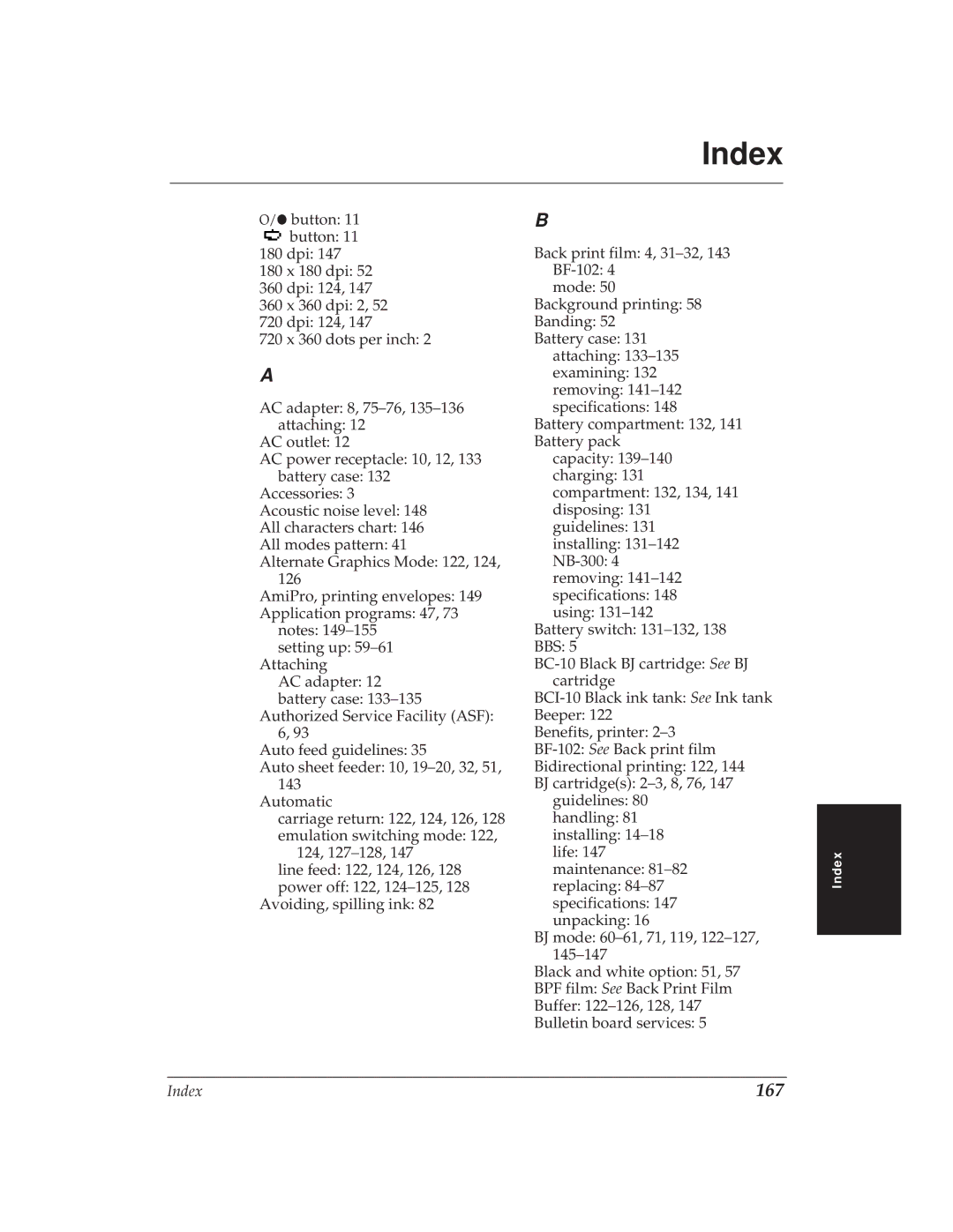 Canon BJ-30 manual Index, 167 