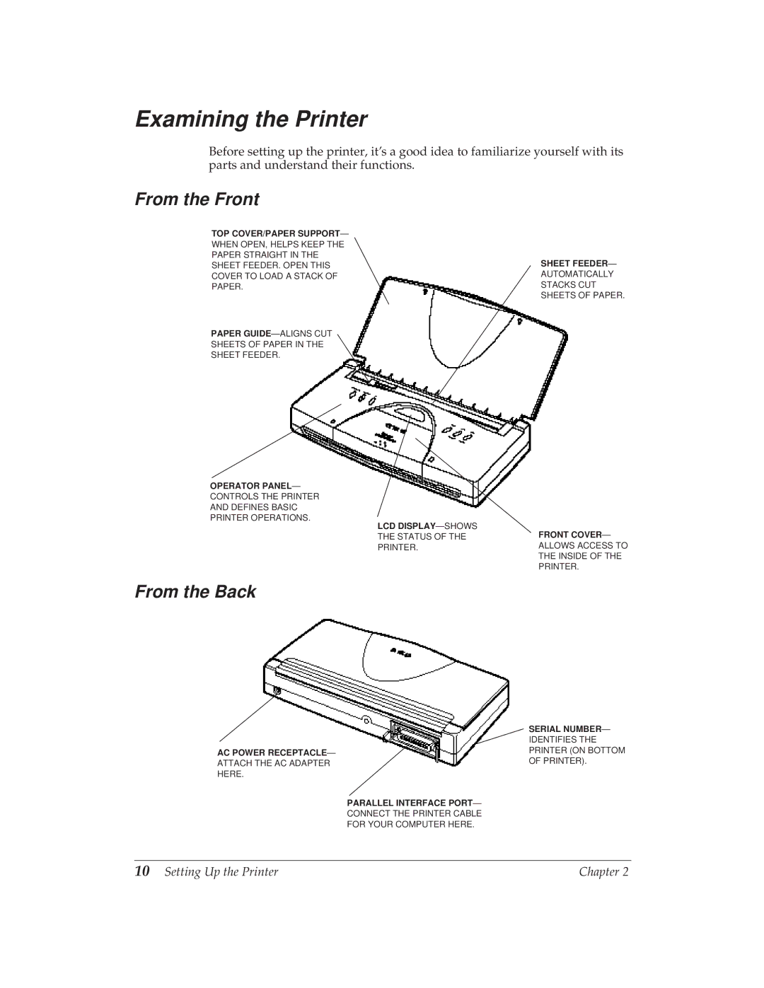 Canon BJ-30 manual Examining the Printer, From the Front, From the Back 