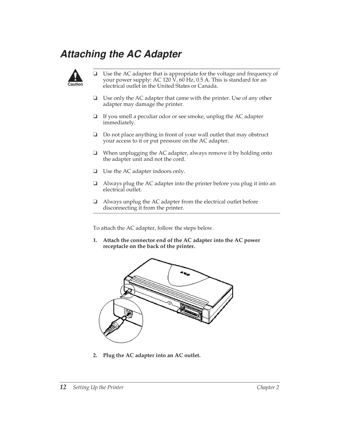 Canon BJ-30 manual Attaching the AC Adapter 