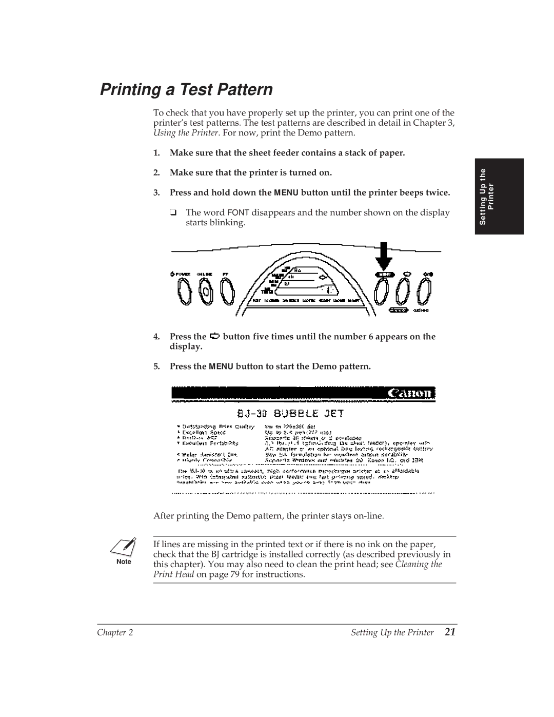 Canon BJ-30 manual Printing a Test Pattern 