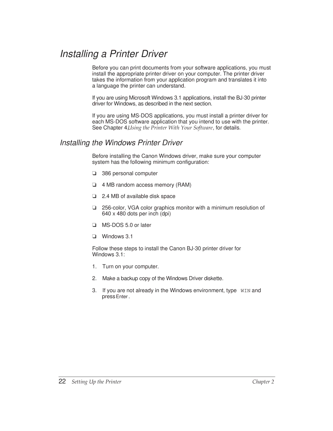 Canon BJ-30 manual Installing a Printer Driver, Installing the Windows Printer Driver 