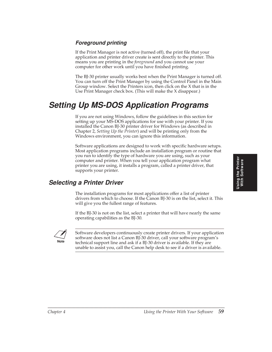 Canon BJ-30 manual Setting Up MS-DOS Application Programs, Selecting a Printer Driver, Foreground printing 