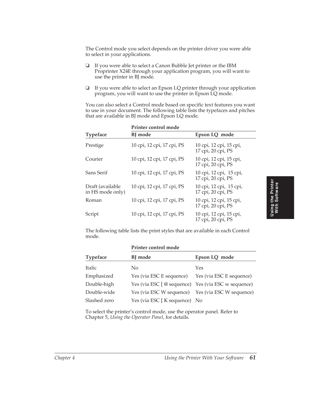 Canon BJ-30 manual Printer control mode Typeface BJ mode Epson LQ mode 