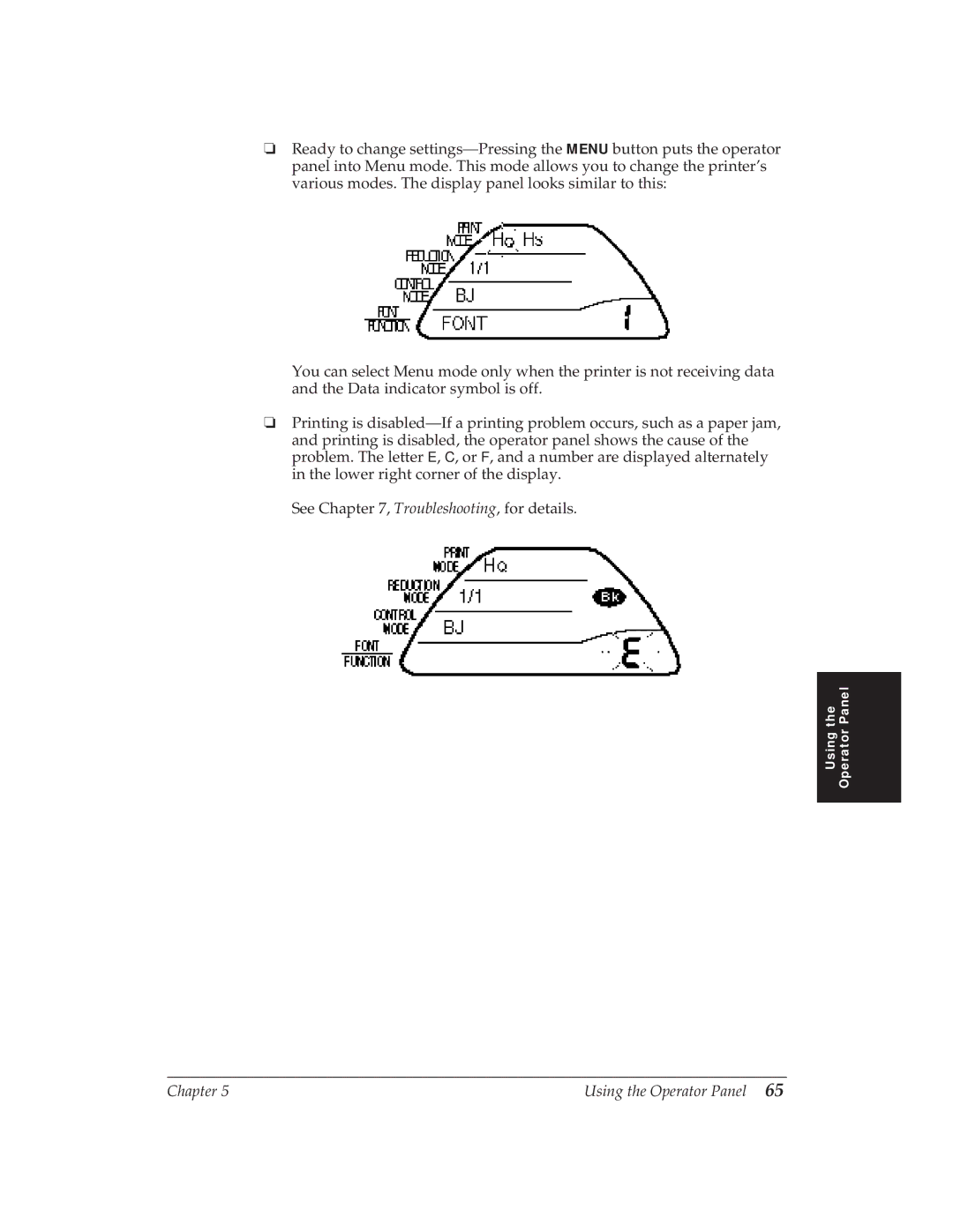 Canon BJ-30 manual Operator Panel Using 