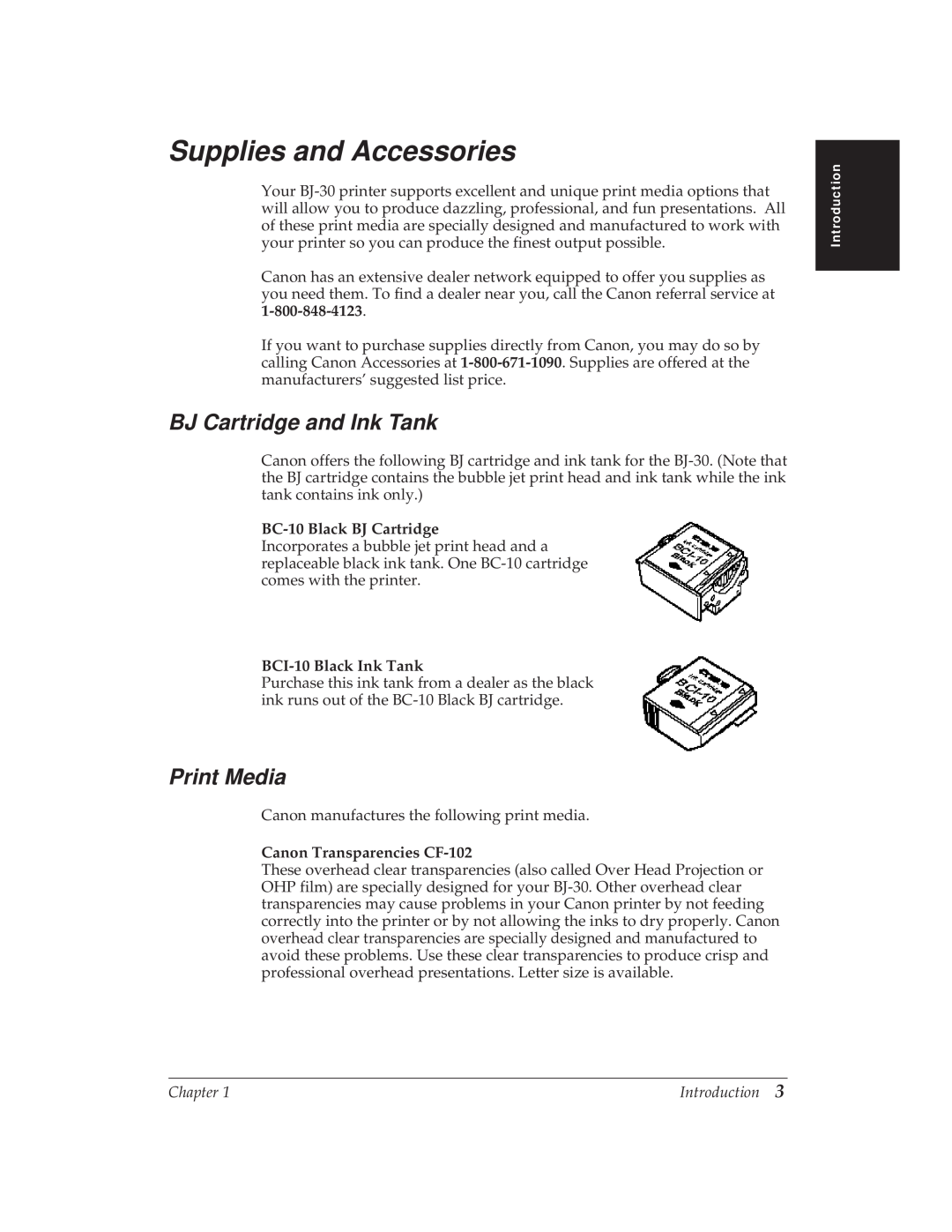 Canon BJ-30 manual Supplies and Accessories, BJ Cartridge and Ink Tank, Print Media, BC-10 Black BJ Cartridge 