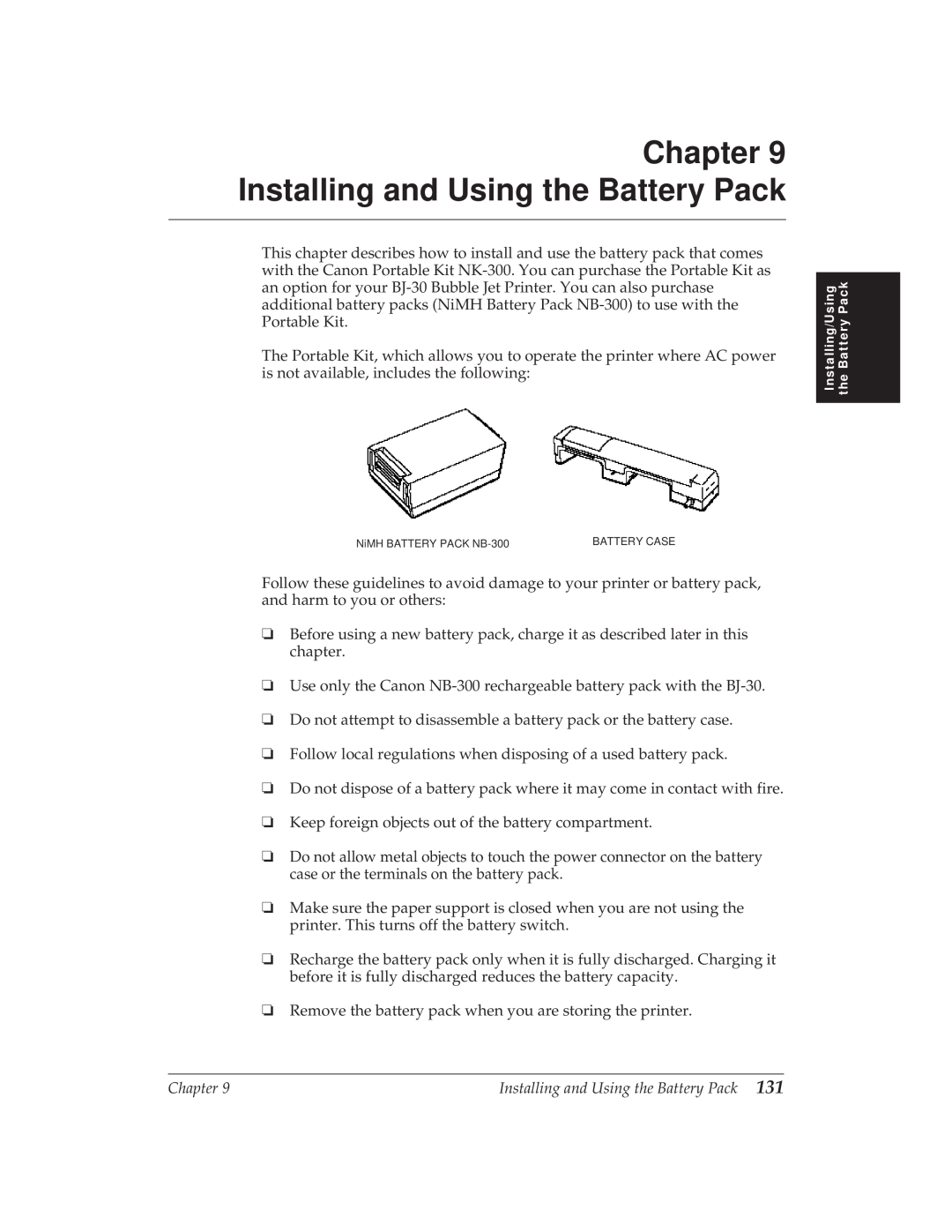 Canon BJ-30 manual Installing and Using the Battery Pack 