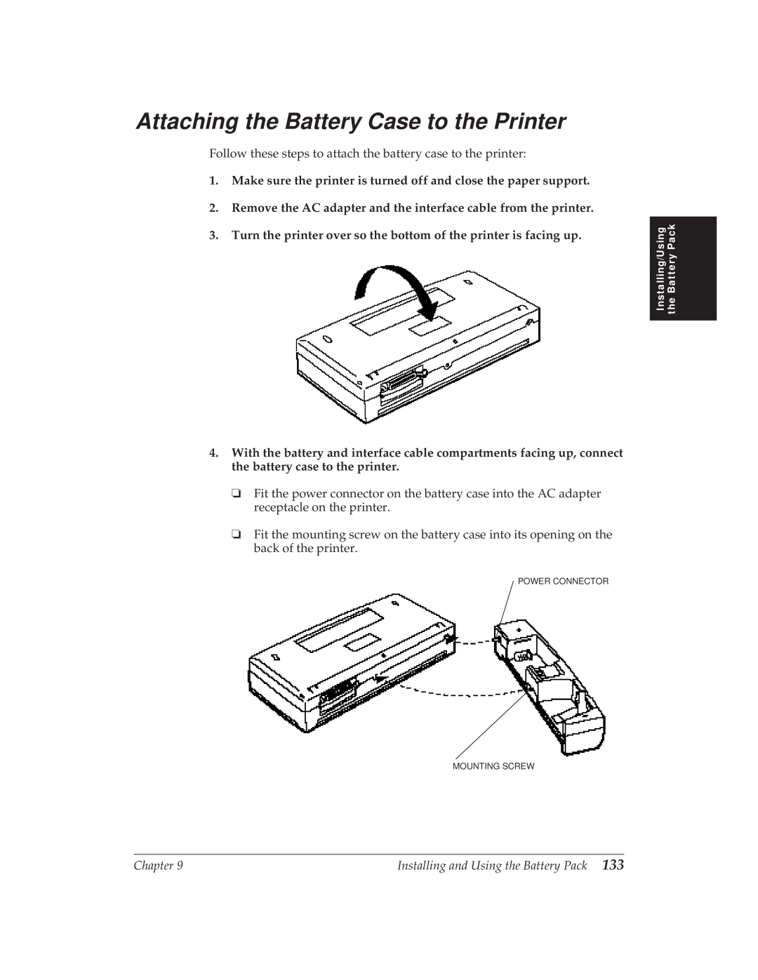 Canon BJ-30 Attaching the Battery Case to the Printer, Make sure the printer is turned off and close the paper support 