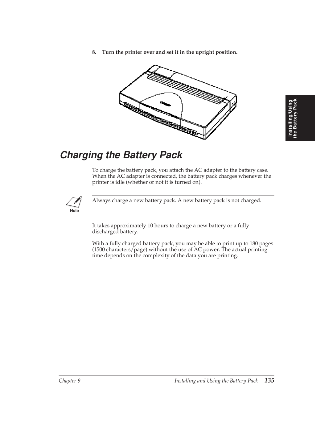 Canon BJ-30 manual Charging the Battery Pack, Turn the printer over and set it in the upright position 