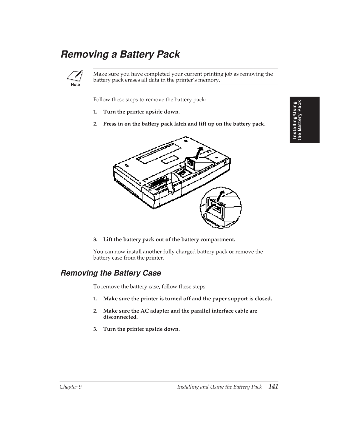 Canon BJ-30 manual Removing a Battery Pack, Removing the Battery Case, Turn the printer upside down 