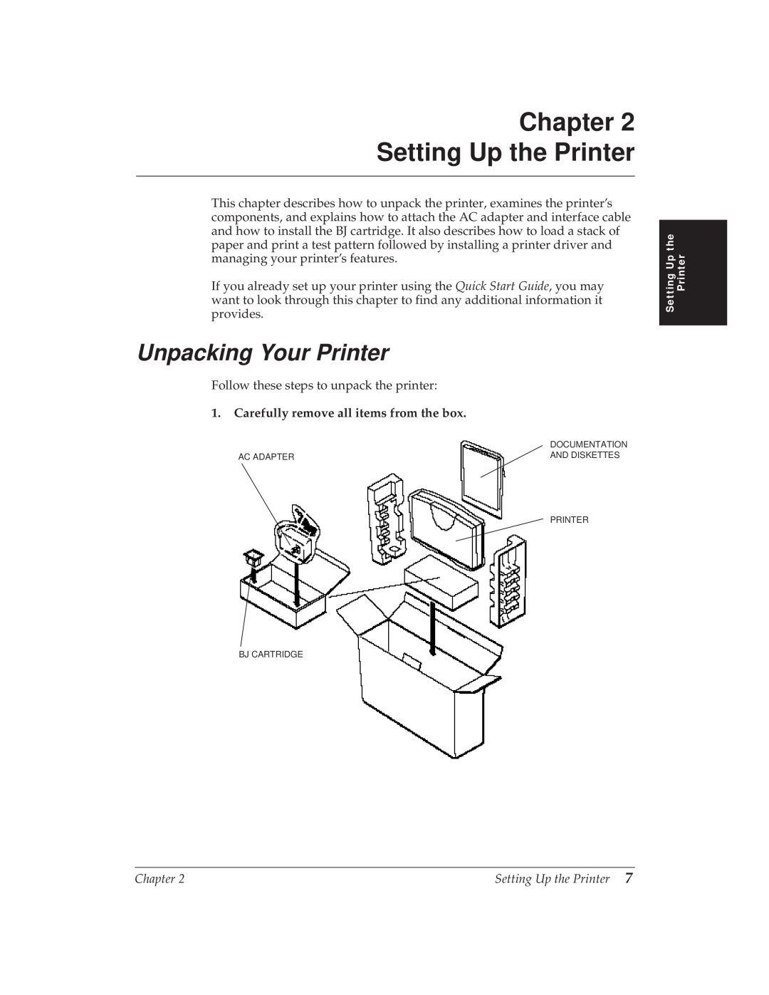 Canon BJ-30 manual Chapter Setting Up the Printer, Unpacking Your Printer, Carefully remove all items from the box 
