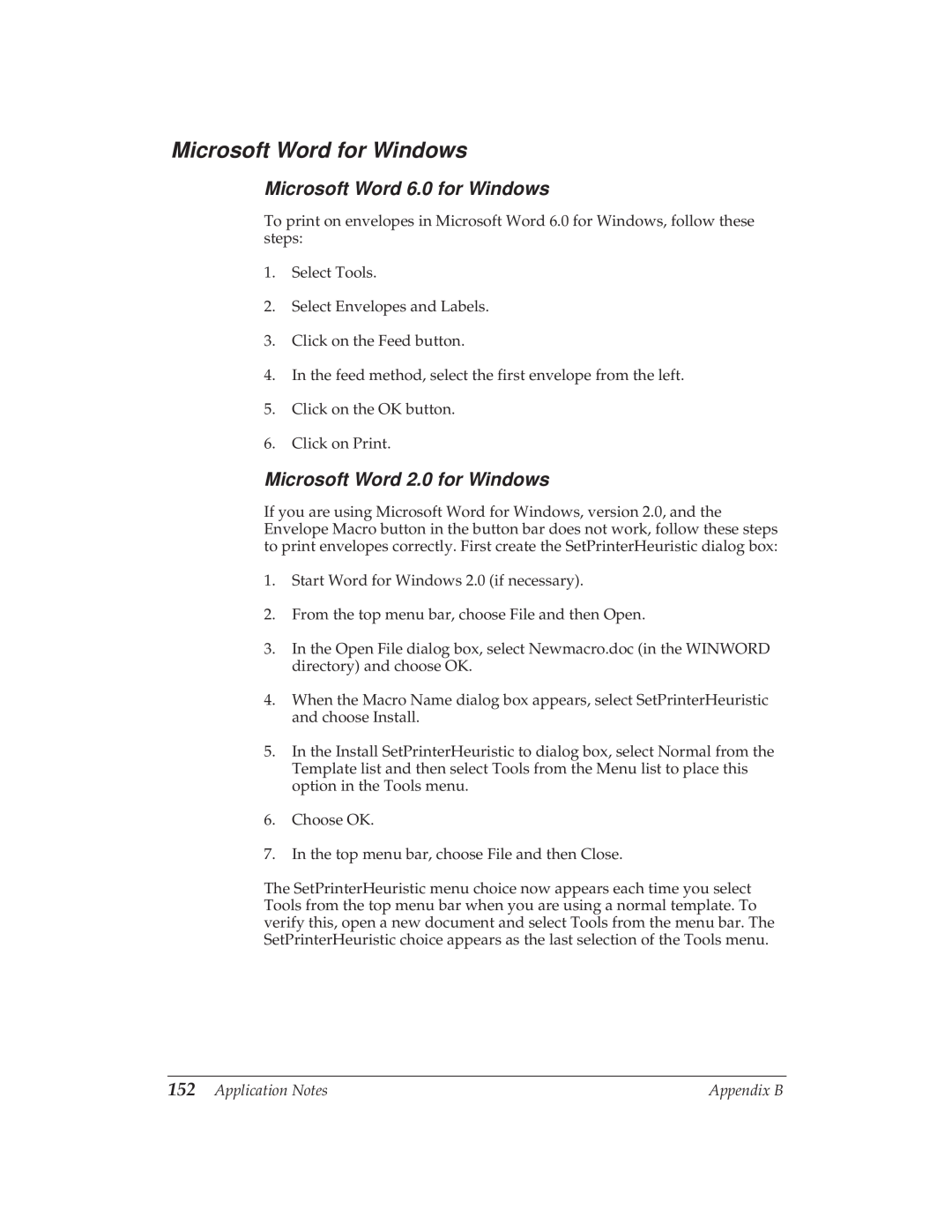 Canon BJ-30 manual Microsoft Word for Windows, Microsoft Word 6.0 for Windows, Microsoft Word 2.0 for Windows 